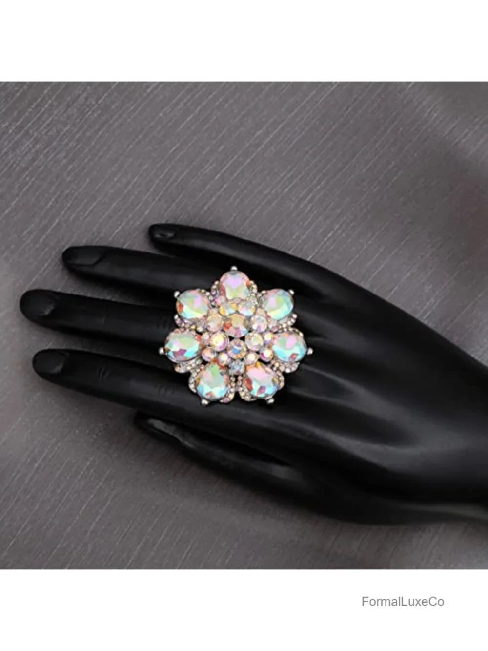 Crystal Flower Statement Ring Stretch Adjustable Party Prom Jewelry